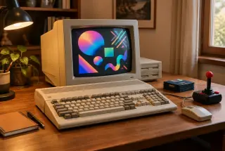 Ordinateur rétro inspiré d’un Amiga 500 avec écran CRT coloré, joystick et disquettes sur un bureau en bois.